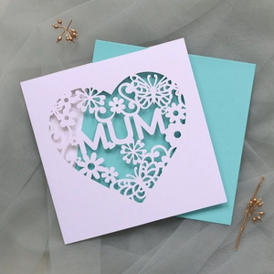 Detail view of laser-cut MUM greeting card with floral patterns and a mint envelope