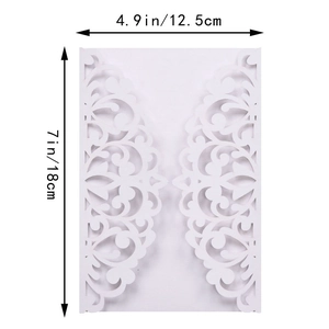 Laser cut invitation cover with dimensions 4.9x7 inches in elegant white pearlescent paper