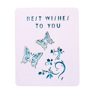Laser cut butterfly greeting card with Best Wishes text and floral vine patterns