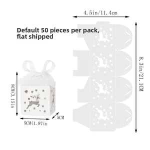 Flat-lay and 3D view of white reindeer hollow Christmas candy boxes with size measurements