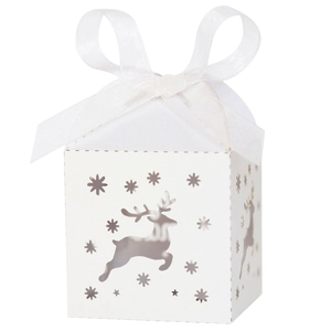 Close-up of laser-cut reindeer and snowflake details on a white Christmas candy gift box