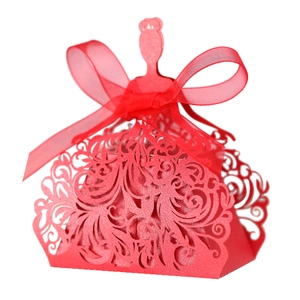Elegant laser-cut red dress favor box with sheer ribbon for wedding and party candy