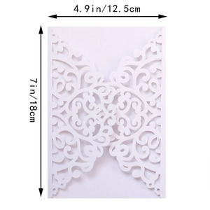 Detailed laser cut white wedding invitation cover showing precise 12.5x18cm dimensions