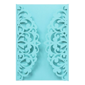Elegant light blue laser cut wedding invitation cover with pearlescent floral hollow patterns