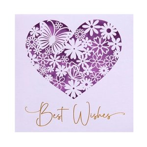 Laser cut butterfly heart greeting card with gold foil Best Wishes on white background
