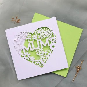 Detailed laser-cut heart design with MUM lettering and floral butterfly patterns