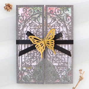 Butterfly Laser Cut Invitation Cards With Ribbon Glitter Pearl Paper Hollow Wedding Engagement Valentine Party Invitation Cards
