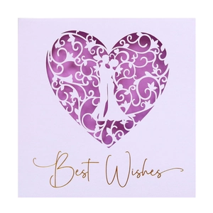 Laser-cut greeting card with heart-shaped couple silhouette and gold Best Wishes text