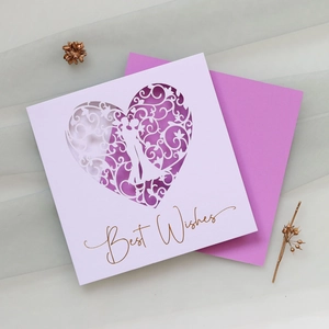 Detailed laser cut heart card with Best Wishes text and elegant purple envelope