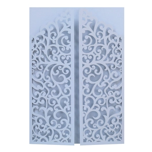 Detailed laser cut vine patterns on light blue wedding invitation card shell