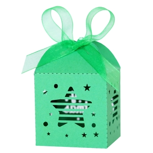 Close-up of green star cutout gift box with happy card and organza ribbon