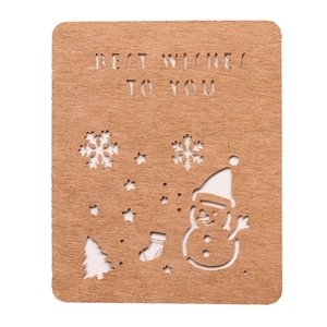 Detail of laser-cut Christmas card with snowman motifs and Best Wishes message