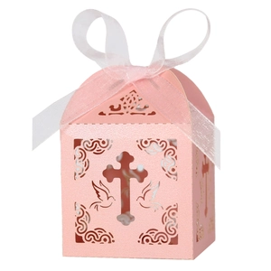 Pink laser-cut cross gift box with bird pattern and white ribbon for wedding party favor