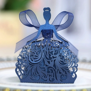 Detailed laser cut dark blue candy box with princess silhouette and organza ribbon bow