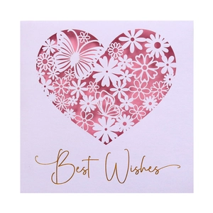 Laser-cut heart and butterfly greeting card with pink insert and gold Best Wishes text