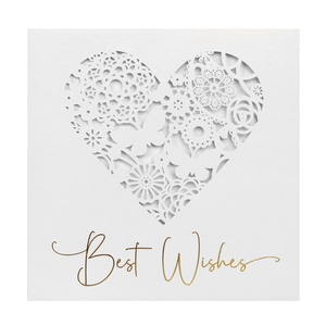 Detail of laser-cut heart pattern with Best Wishes gold foil text on white card