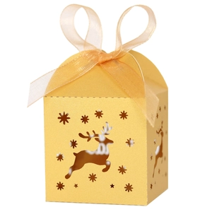 Golden Christmas reindeer hollow candy box with snowflake laser cut and organza ribbon