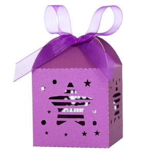 Elegant purple star-shaped hollow candy gift box with silk ribbon for wedding and Christmas