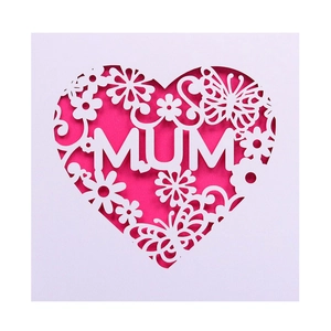 Detailed laser-cut white card with pink inlay featuring flowers, butterfly and MUM text