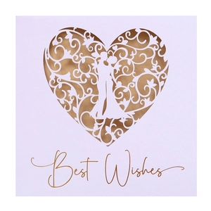 Detail of laser-cut heart card with couple silhouette and golden Best Wishes text