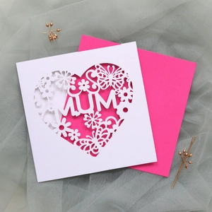 Close-up of laser-cut heart and MUM lettering on a greeting card for Mother's Day