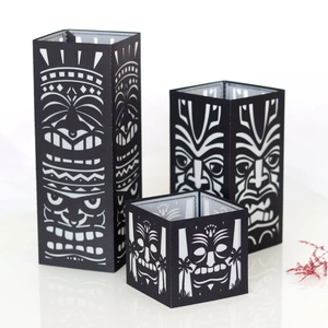 Three-piece set of black Tiki tribal totem paper lantern shades for party candle decor