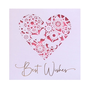Laser cut hollow butterfly heart greeting card with gold Best Wishes foil and pink liner