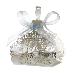 Detailed laser-cut silver wedding candy box in elegant dress shape with ribbon bow