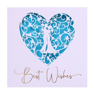 Laser cut greeting card with heart couple silhouette and gold Best Wishes text