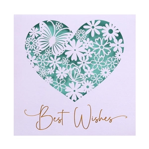 Elegant laser cut greeting card with butterfly heart pattern and gold Best Wishes text