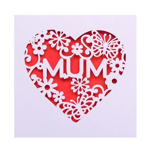 Macro view of laser-cut MUM hollow greeting card with red rose and butterfly details