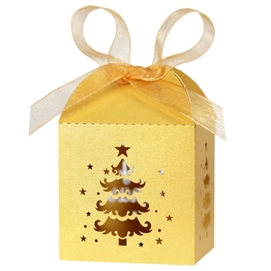 Golden laser-cut Christmas tree candy box with sparkling finish and ribbon bow