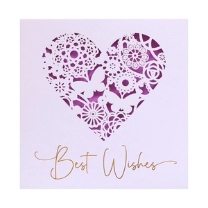 Lavender hollow laser-cut greeting card with butterflies and Best Wishes gold foil