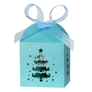 Detail of laser-cut Christmas tree patterns on a Tiffany blue pearl paper gift box