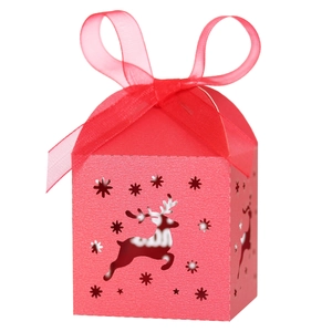 Red Christmas reindeer hollow candy box with ribbon bow and snowflake laser cut detail