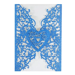 Laser cut royal blue glitter wedding invitation cover with hollow heart and floral vine