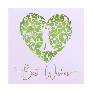 Laser cut heart greeting card with couple silhouette and Best Wishes gold foil text