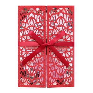 Elegant Laser Cut Wedding Invitation Cards Red Pearl Paper Hollow Floral Design With Ribbon Bow Envelopes For Party Celebration