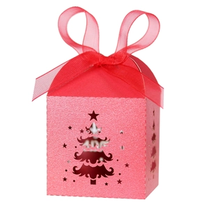 Laser-cut red glitter Christmas tree gift box with elegant ribbon for festive candy treats