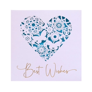 Laser-cut white greeting card with heart butterfly patterns and Best Wishes gold foil