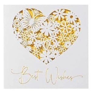 Detail of laser-cut heart pattern with gold glitter lining and Best Wishes text