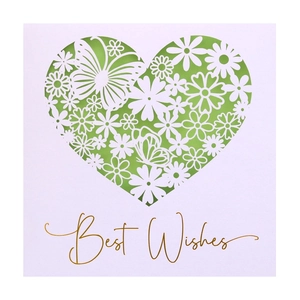 Detail of laser-cut hollow heart greeting card with green floral pattern and Best Wishes text