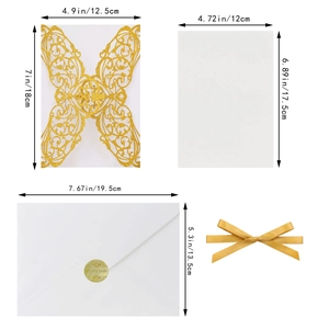Detailed components of glitter gold laser-cut wedding invitation set with dimensions