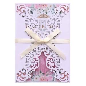 Elegant laser cut wedding invitation with white butterfly hollow design and ivory ribbon bow