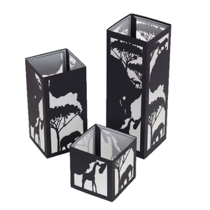 Set of 3 black African savanna paper lanterns featuring giraffe and elephant silhouettes