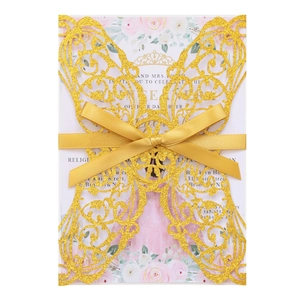 Elegant Laser Cut Butterfly Invitations Glitter Pearl Paper Hollow Cards With Ribbon Bow For Wedding Party Celebration
