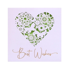 Purple laser cut card with heart and butterfly patterns and gold Best Wishes text