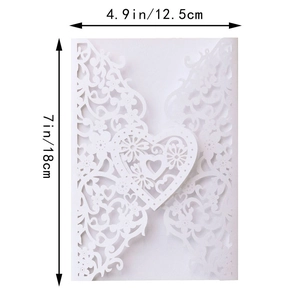 Laser-cut white heart wedding invitation cover with detailed dimensions of 12.5cm by 18cm