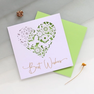 Detailed laser-cut heart butterfly greeting card with gold Best Wishes and green envelope