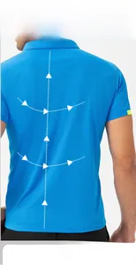 Close-up of sky blue polo shirt showing breathable waffle fabric and ergonomic stretch fit